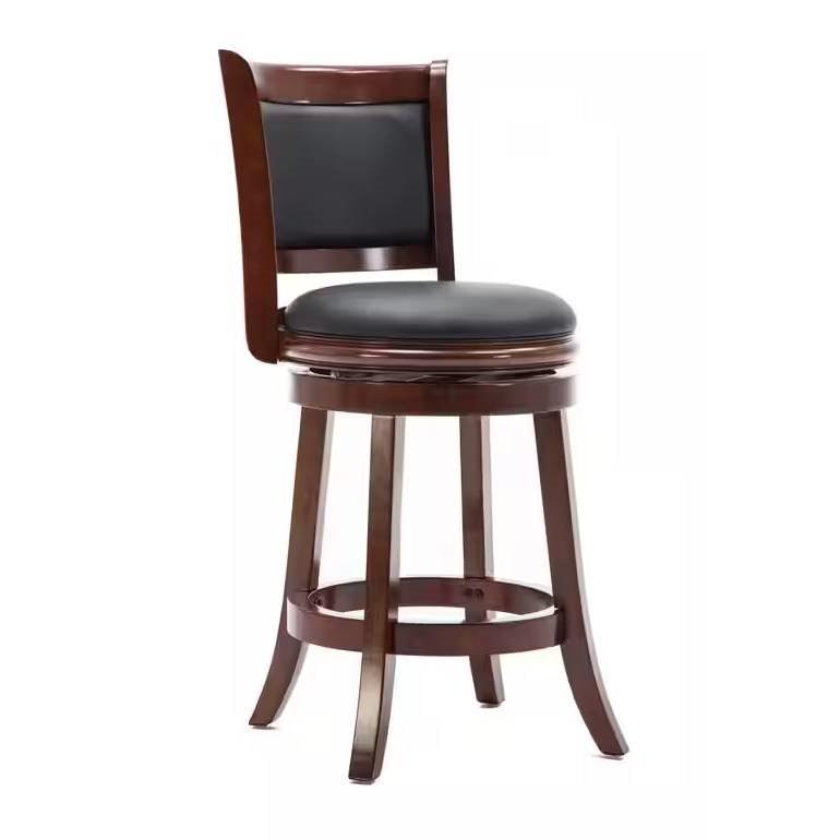 Counter Height Barstool in Cherry Wood Finish with Black Padded Swivel Seat - PRHOMZ