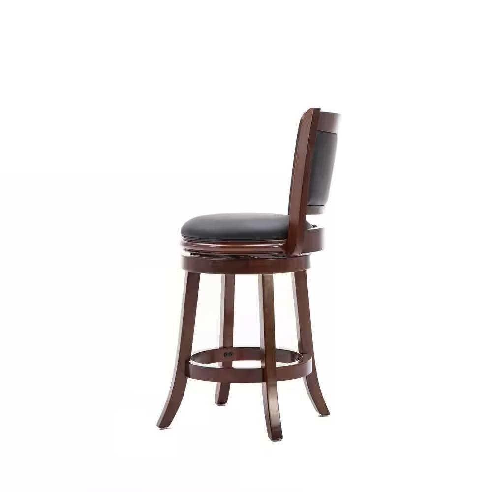 Counter Height Barstool in Cherry Wood Finish with Black Padded Swivel Seat - PRHOMZ