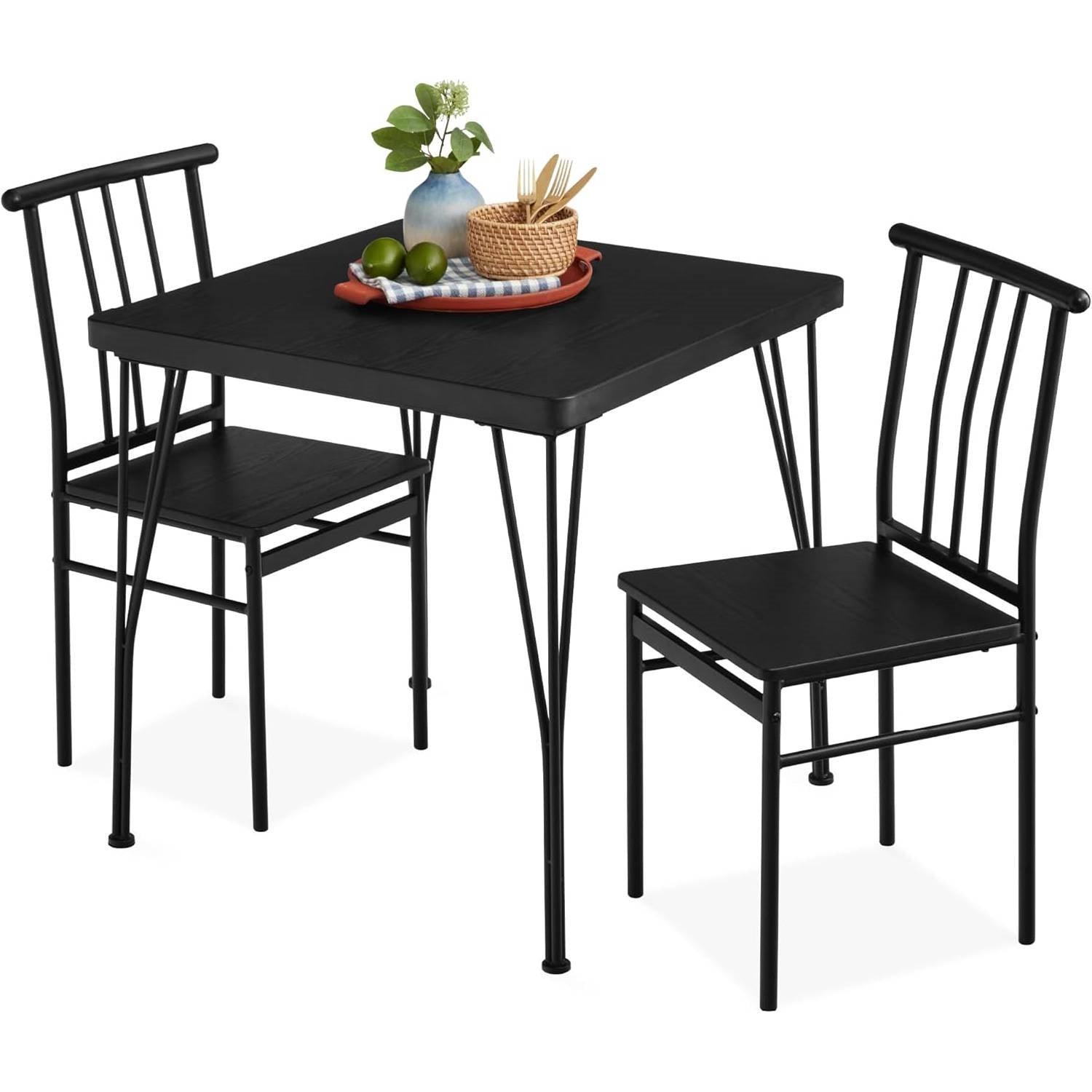 Modern 3-Piece Metal Frame Dining Set with Black Wood Top Table and 2 Chairs - PRHOMZ