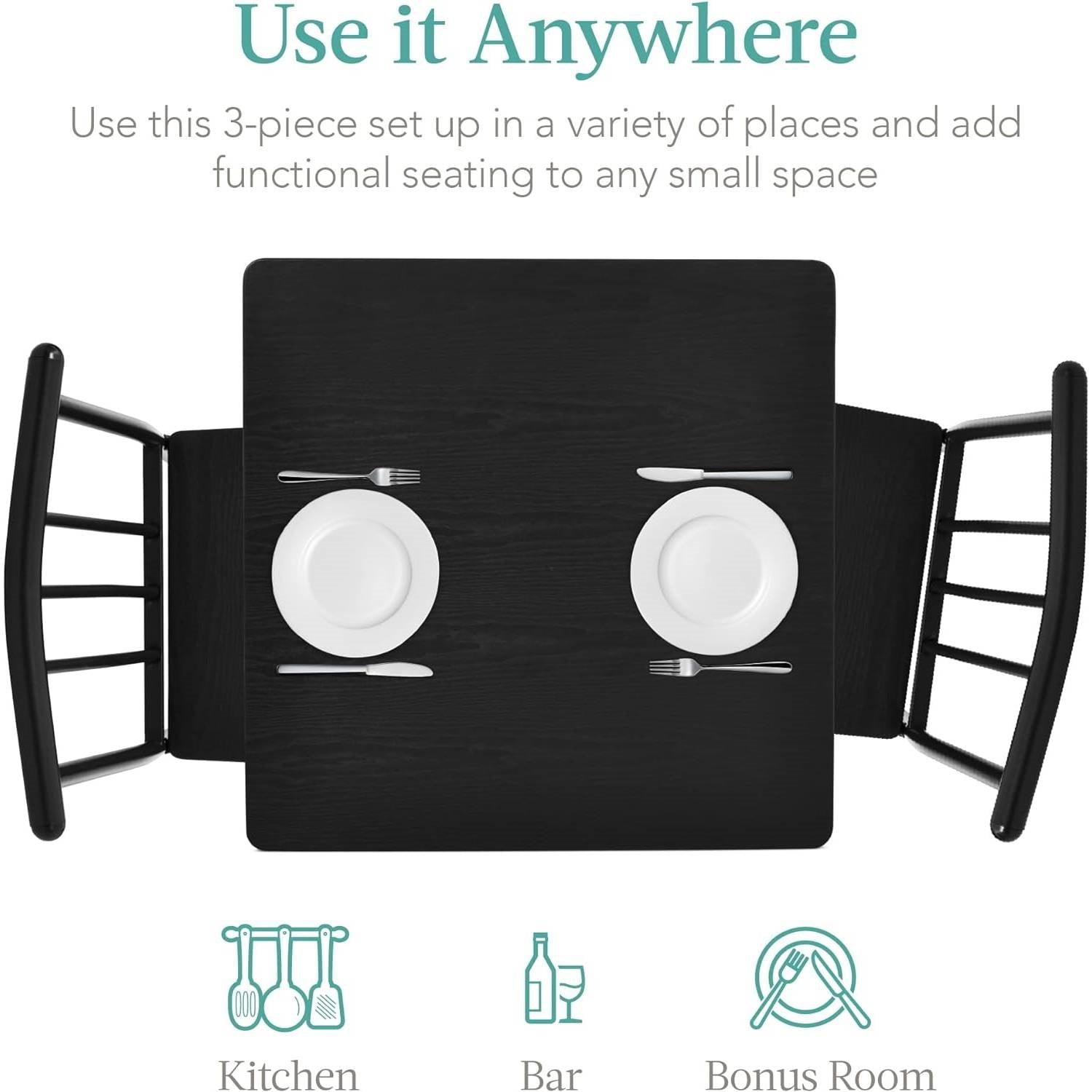 Modern 3-Piece Metal Frame Dining Set with Black Wood Top Table and 2 Chairs - PRHOMZ