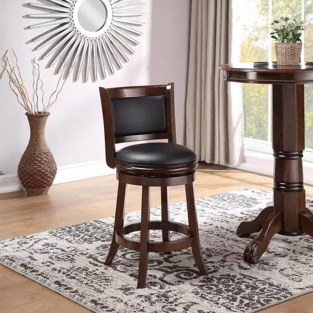 Counter Height Barstool in Dark Brown Wood Finish with Black Padded Swivel Seat - PRHOMZ