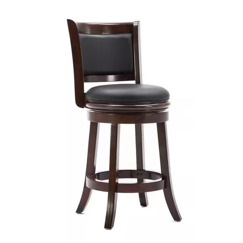 Counter Height Barstool in Dark Brown Wood Finish with Black Padded Swivel Seat - PRHOMZ