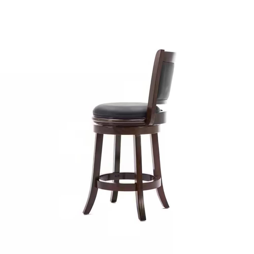 Counter Height Barstool in Dark Brown Wood Finish with Black Padded Swivel Seat - PRHOMZ