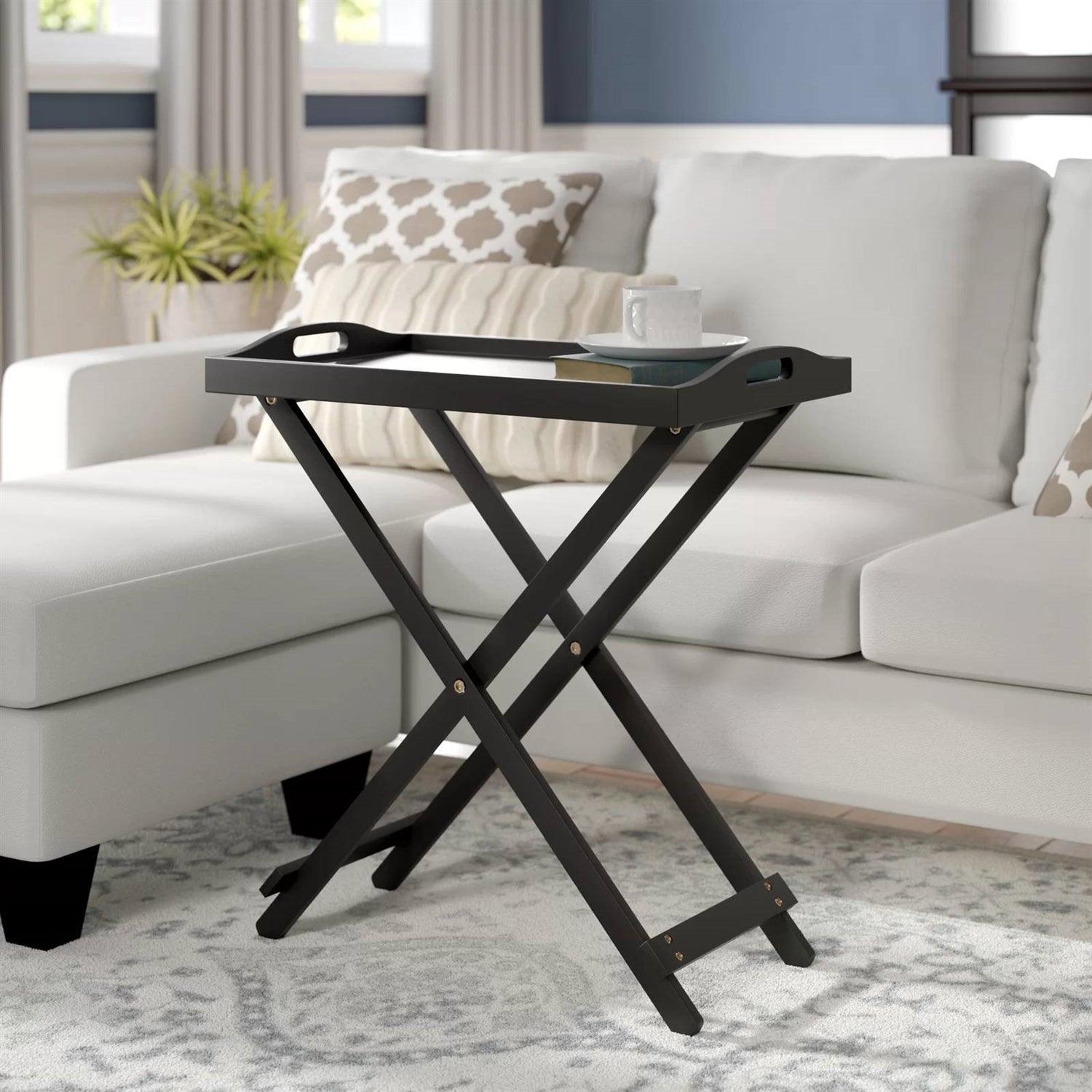 Folding TV Tray Bedside Table in Black Wood Finish - PRHOMZ