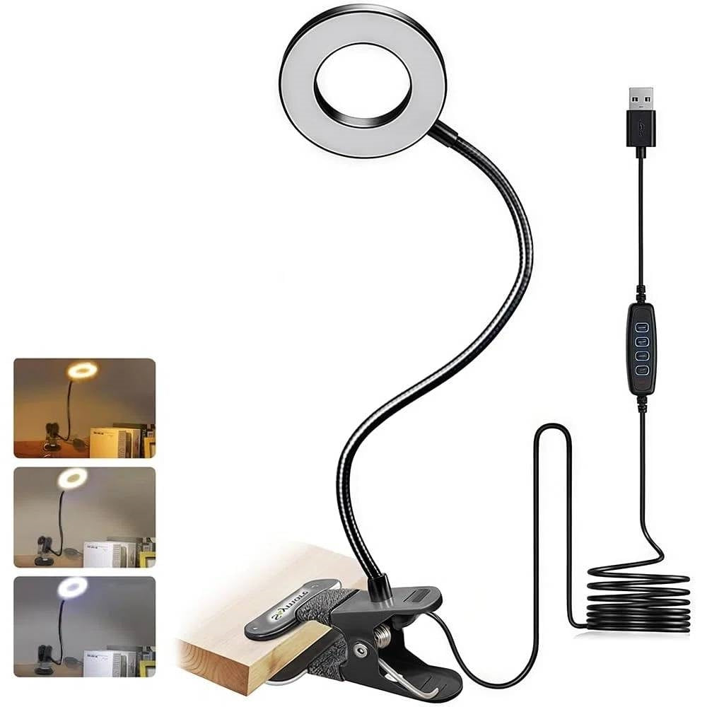 Clip-On Gooseneck Desk Lamp with LED Ring Light in Black-0