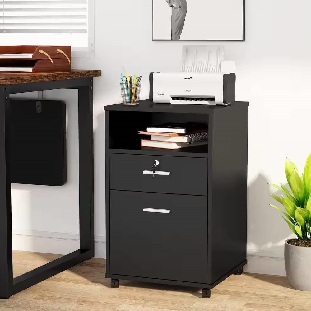 Black Rolling 2-Drawer Mobile File Cabinet Printer Stand Office Cart on Wheels - PRHOMZ
