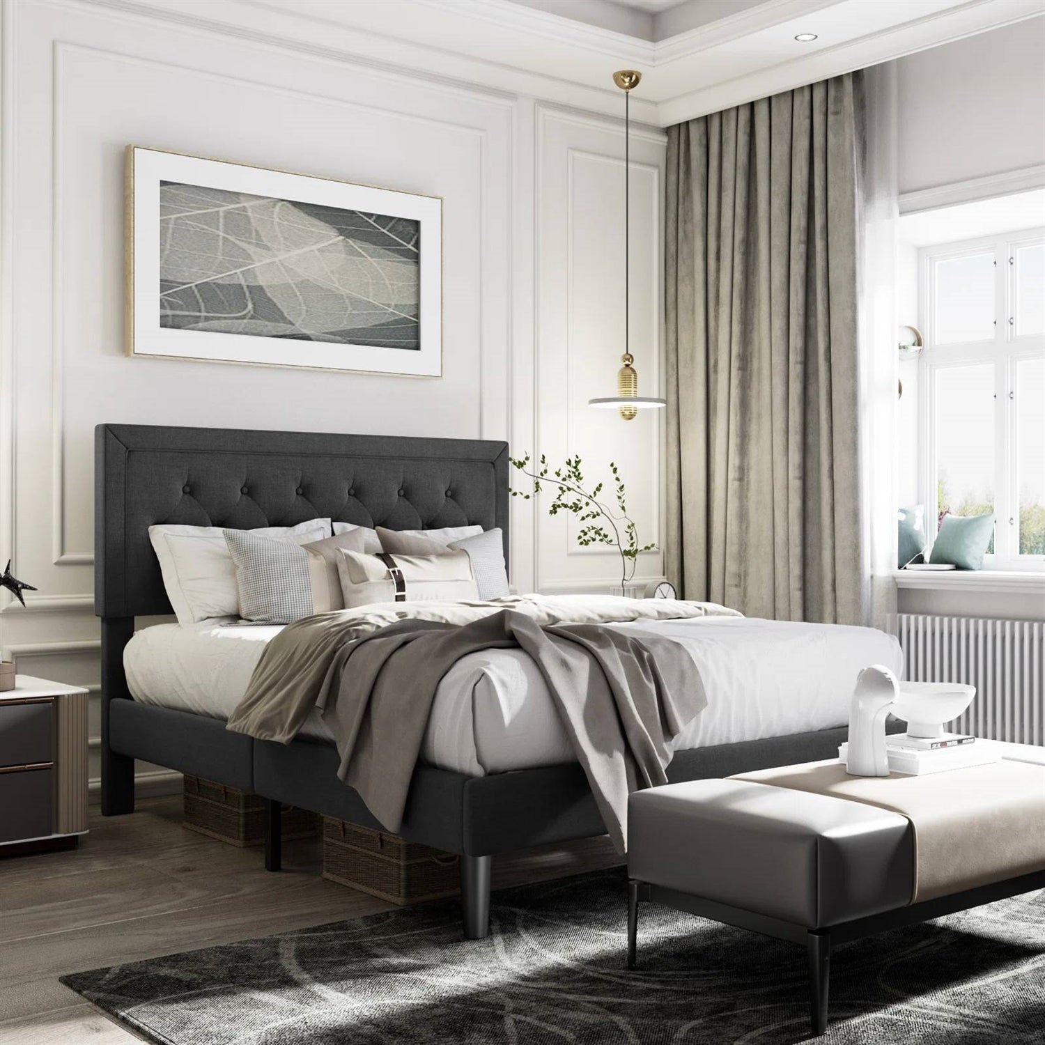 Full size Black Linen Upholstered Platform Bed with Button-Tufted Headboard-1