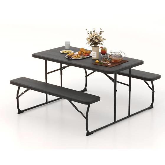 Folding Picnic Table with 2 Benches Outdoor Patio Dining Set in Black - PRHOMZ