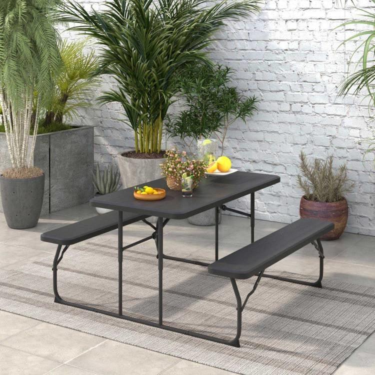 Folding Picnic Table with 2 Benches Outdoor Patio Dining Set in Black - PRHOMZ