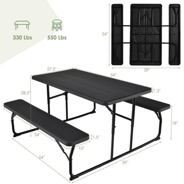 Folding Picnic Table with 2 Benches Outdoor Patio Dining Set in Black - PRHOMZ