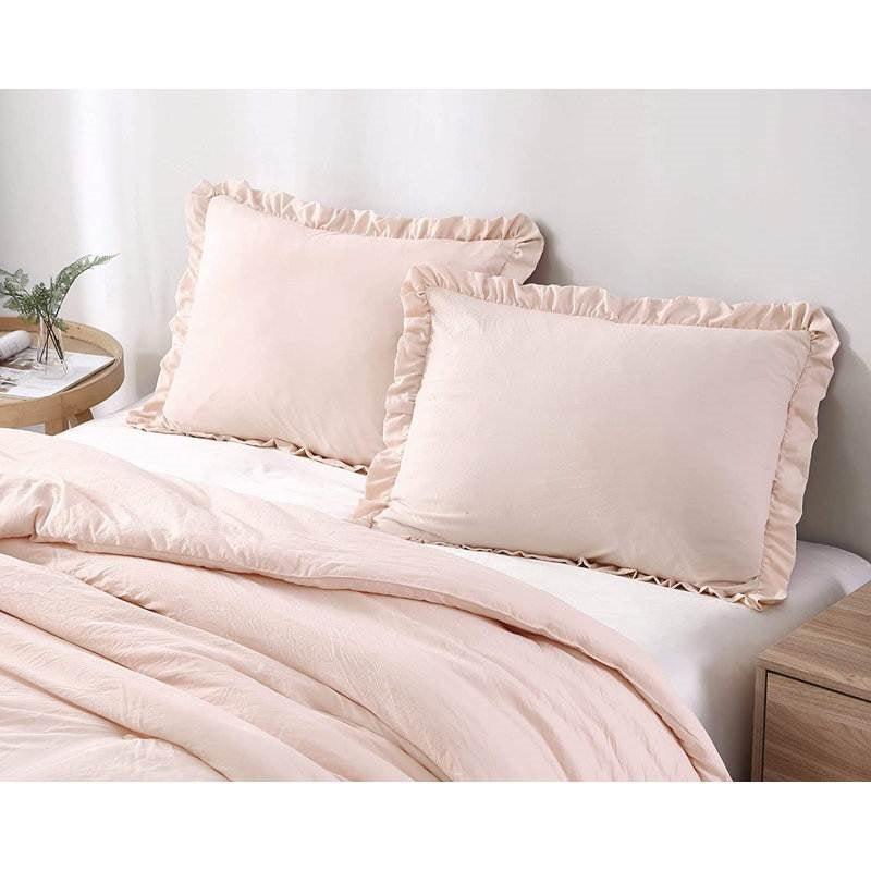 Full Size Pink Stone Washed Ruffled Edge Microfiber Comforter Set - PRHOMZ