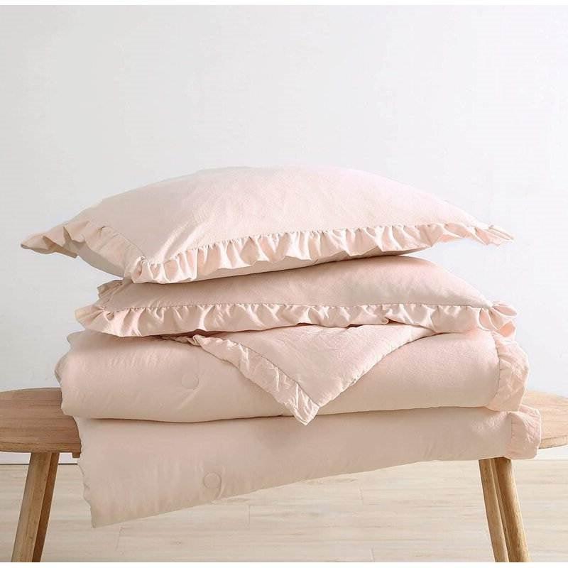 Full Size Pink Stone Washed Ruffled Edge Microfiber Comforter Set - PRHOMZ