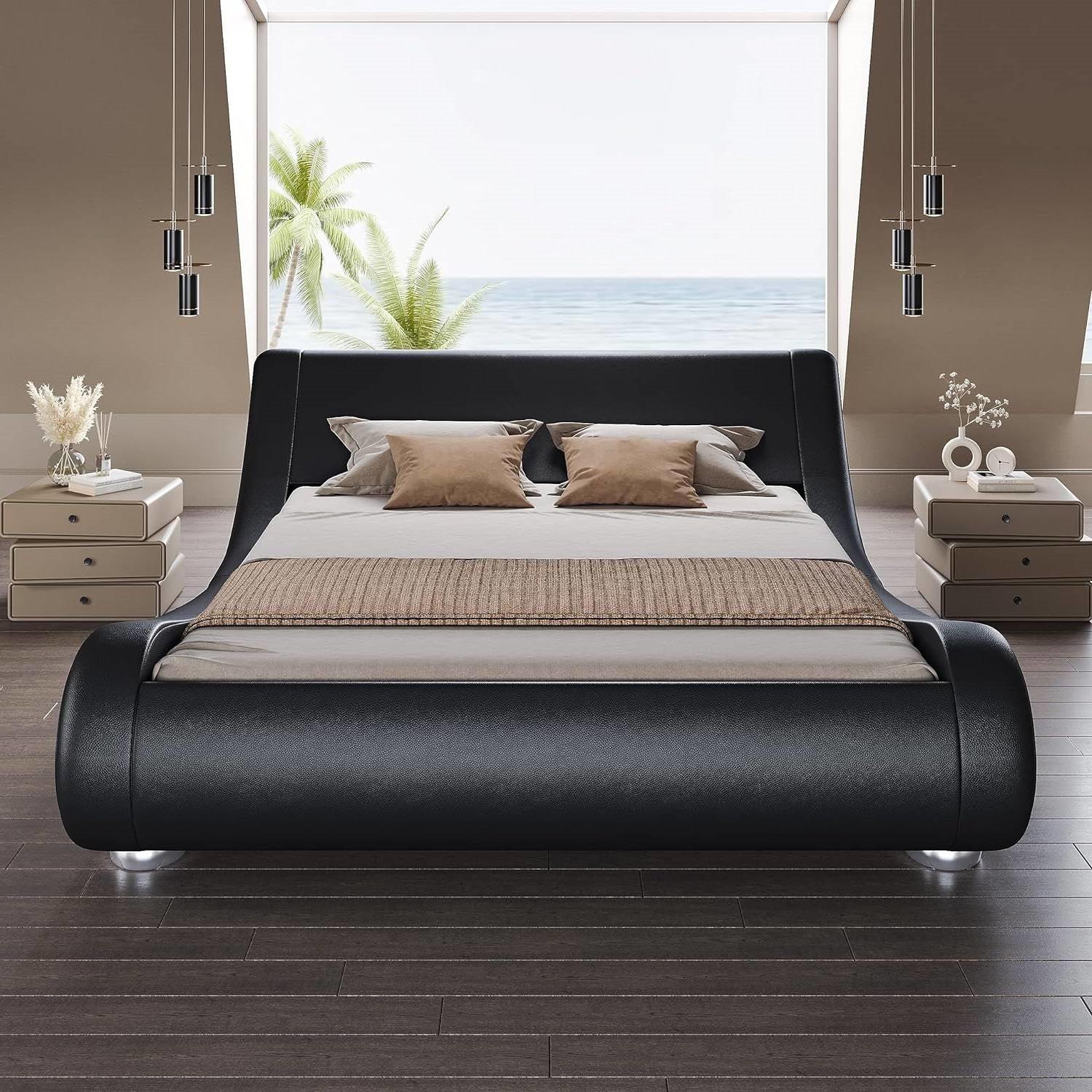 Full Modern Black Upholstered Platform Bed Frame with Sleigh Curved Headboard - PRHOMZ