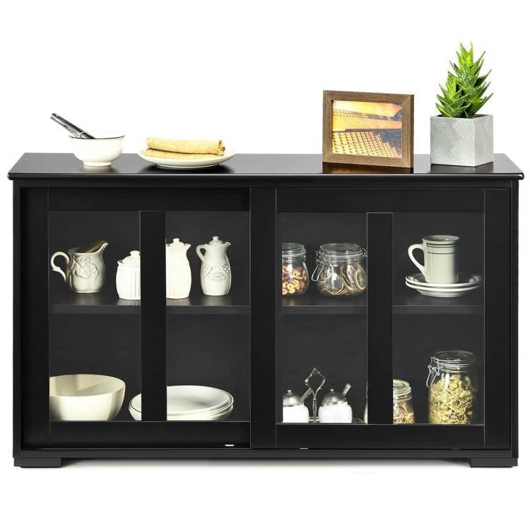 Black Wood Buffet Kitchen Dining Sideboard Storage Cabinet w/ Glass Sliding Door - PRHOMZ