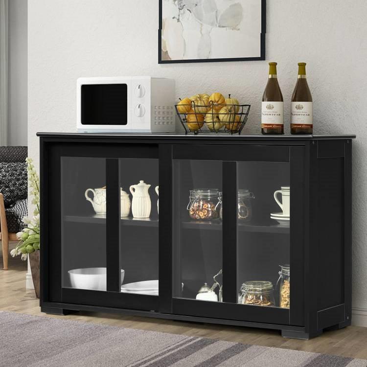 Black Wood Buffet Kitchen Dining Sideboard Storage Cabinet w/ Glass Sliding Door - PRHOMZ