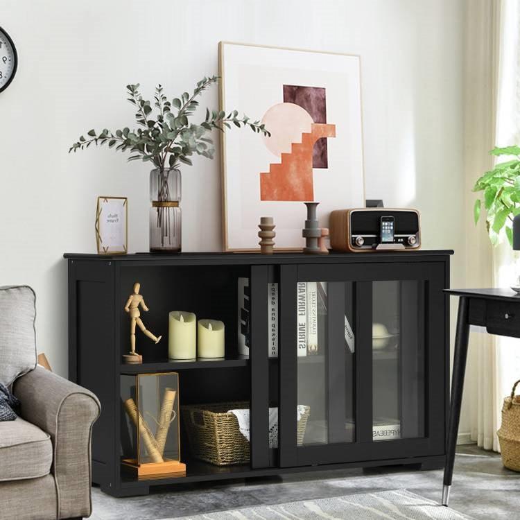 Black Wood Buffet Kitchen Dining Sideboard Storage Cabinet w/ Glass Sliding Door - PRHOMZ