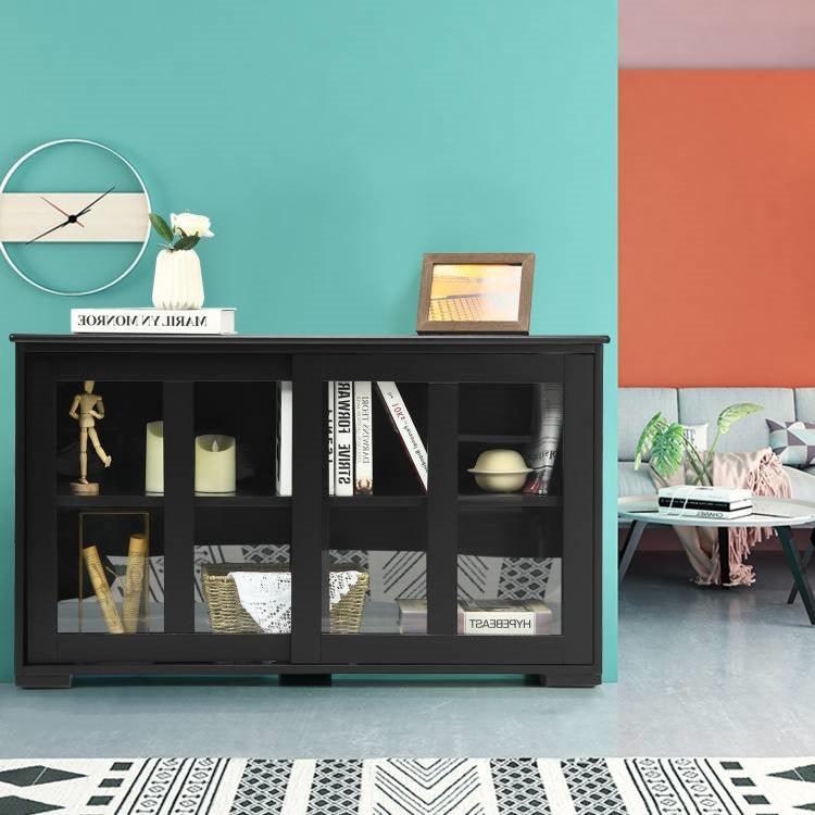 Black Wood Buffet Kitchen Dining Sideboard Storage Cabinet w/ Glass Sliding Door - PRHOMZ