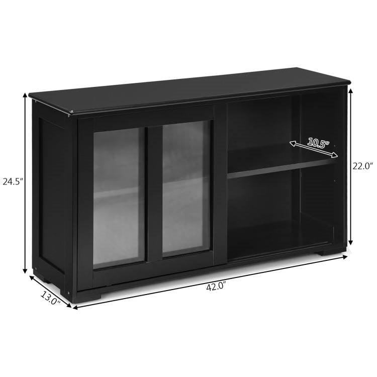 Black Wood Buffet Kitchen Dining Sideboard Storage Cabinet w/ Glass Sliding Door - PRHOMZ