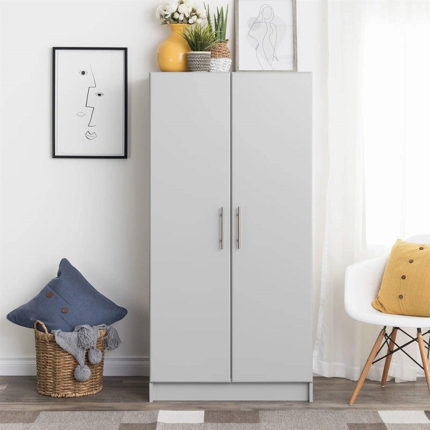 Bedroom Armoire Wardrobe Cabinet with Hanging Rail in Light Grey Wood Finish - PRHOMZ