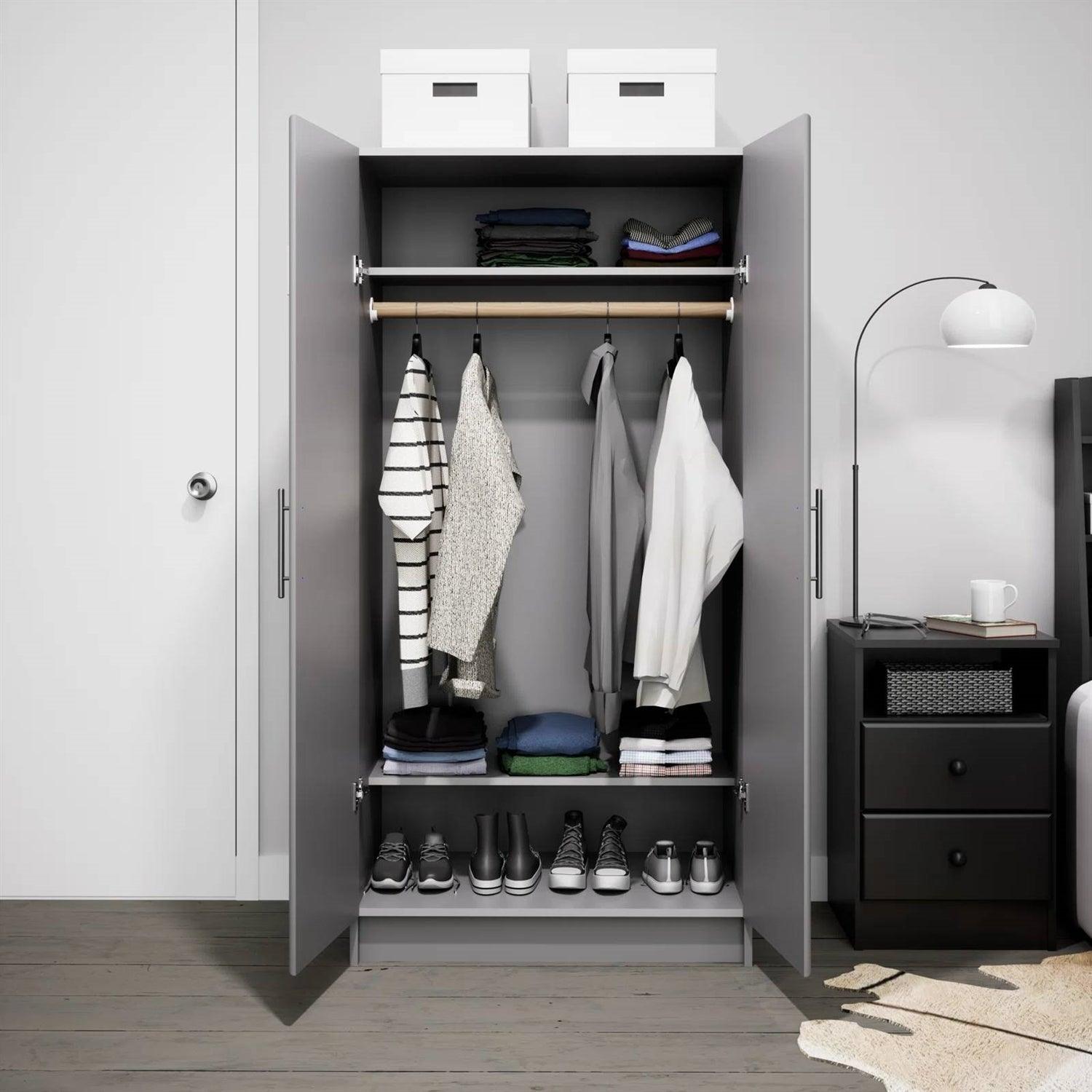 Bedroom Armoire Wardrobe Cabinet with Hanging Rail in Light Grey Wood Finish - PRHOMZ