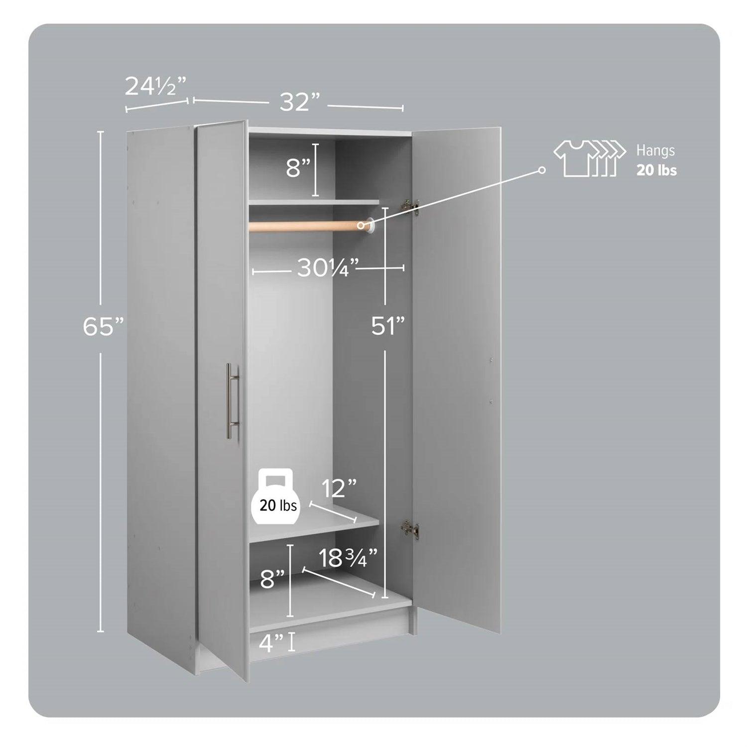 Bedroom Armoire Wardrobe Cabinet with Hanging Rail in Light Grey Wood Finish - PRHOMZ