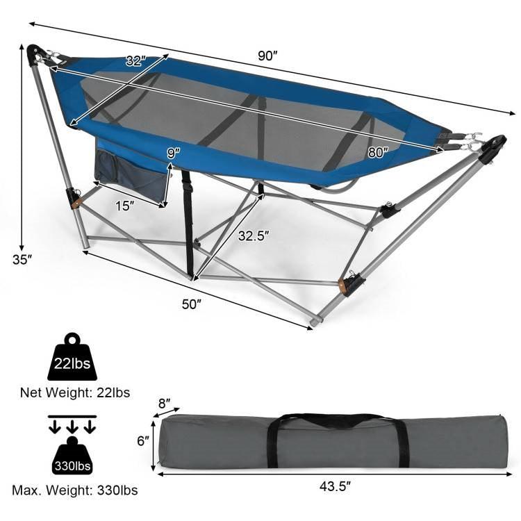 Blue Portable Camping Foldable Hammock with Stand and Carry Case - PRHOMZ