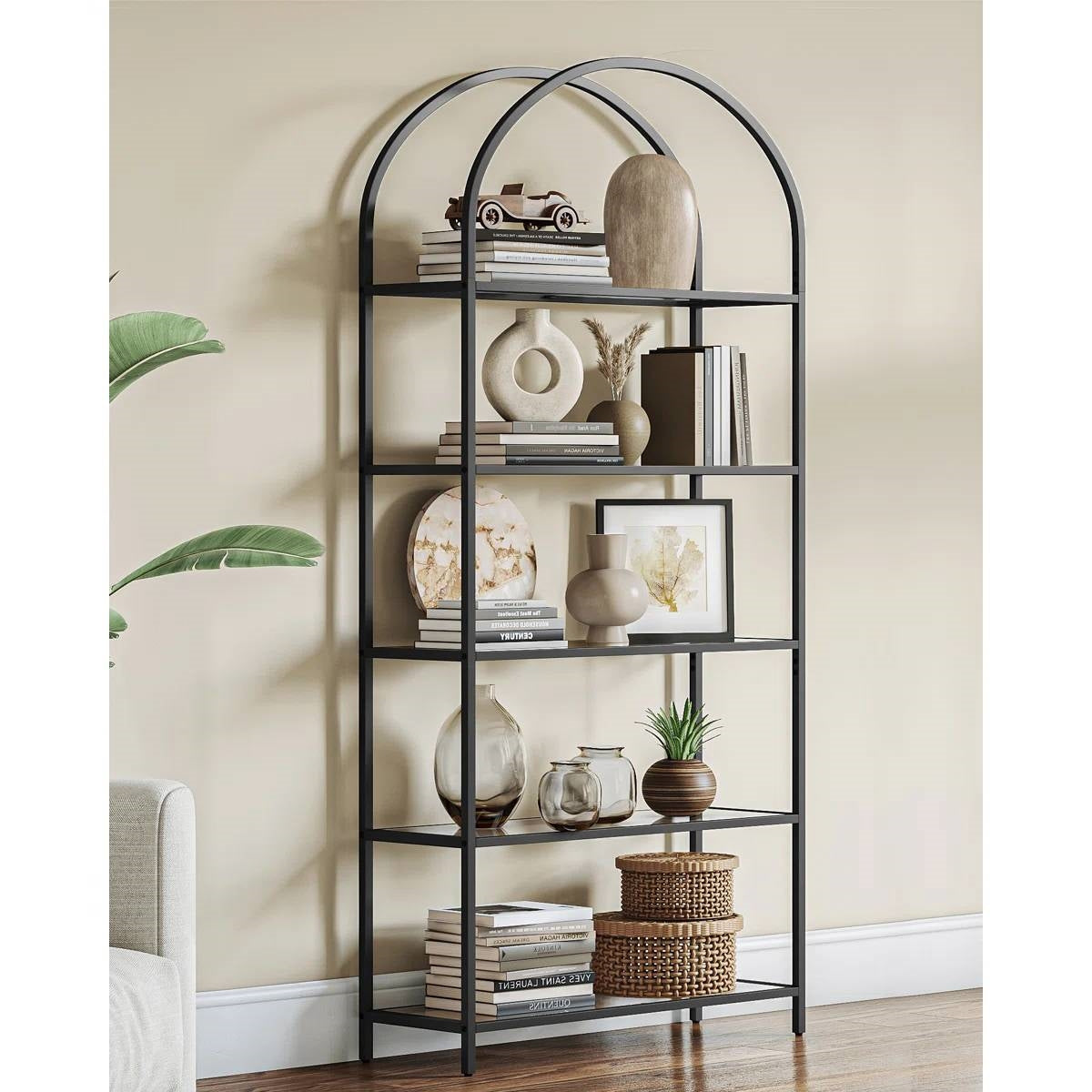 Modern Black Metal Arched Top Display Rack Bookcase with 5 Glass Storage Shelves-0