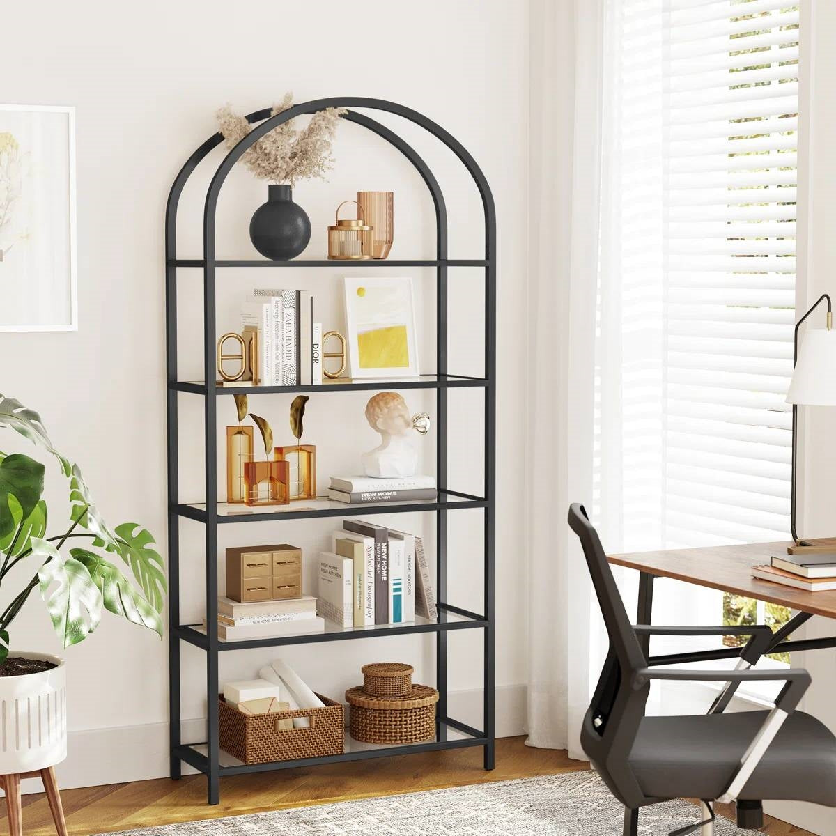 Modern Black Metal Arched Top Display Rack Bookcase with 5 Glass Storage Shelves-1