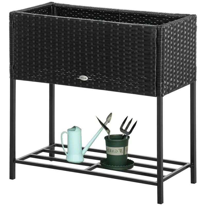 Black Modern PE Rattan Wicker Raised Garden Bed Elevated Planter Box-0