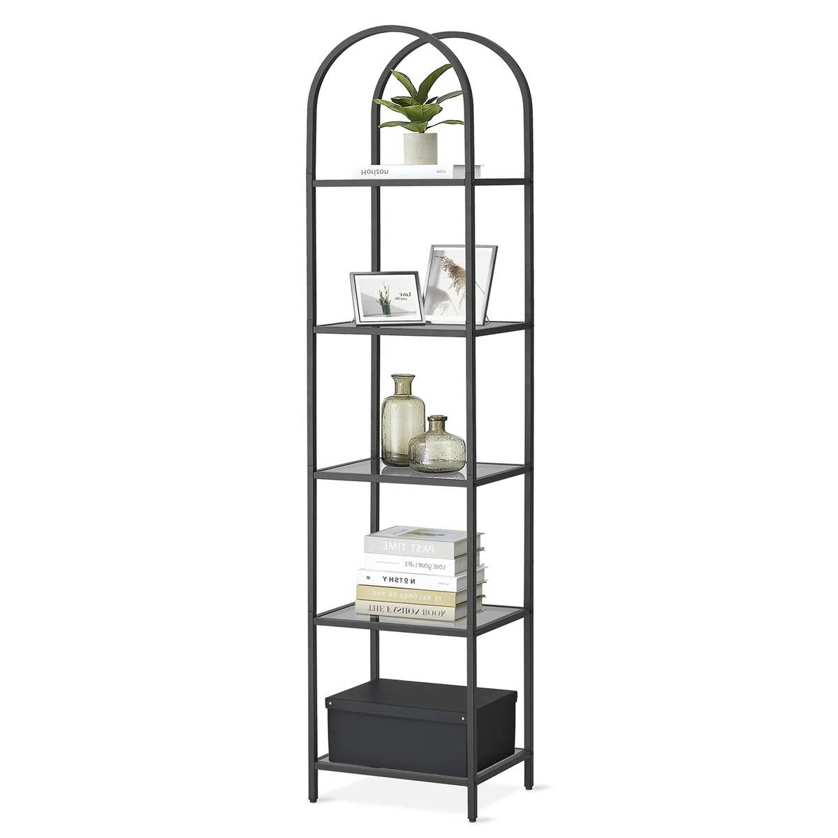 Arched Top Black Metal Display Rack Narrow Bookcase with 5 Glass Storage Shelves-0