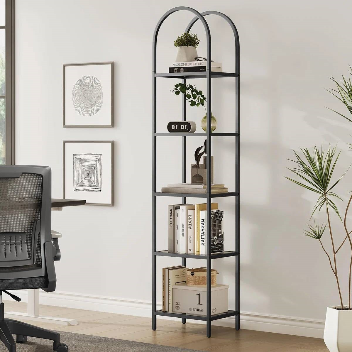 Arched Top Black Metal Display Rack Narrow Bookcase with 5 Glass Storage Shelves-1