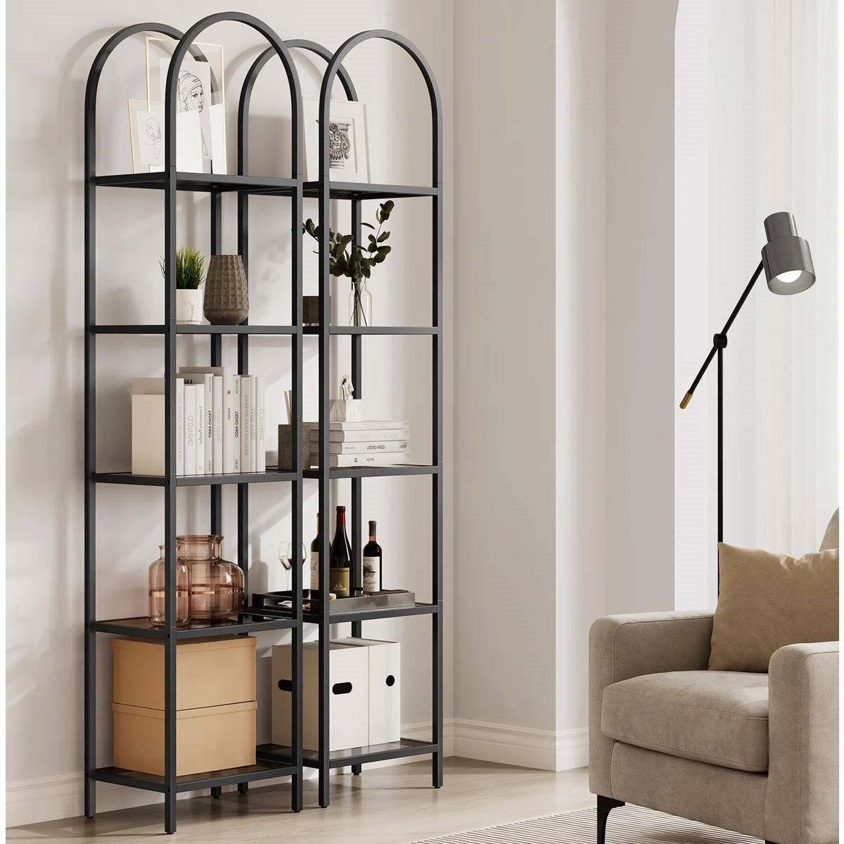 Arched Top Black Metal Display Rack Narrow Bookcase with 5 Glass Storage Shelves-2