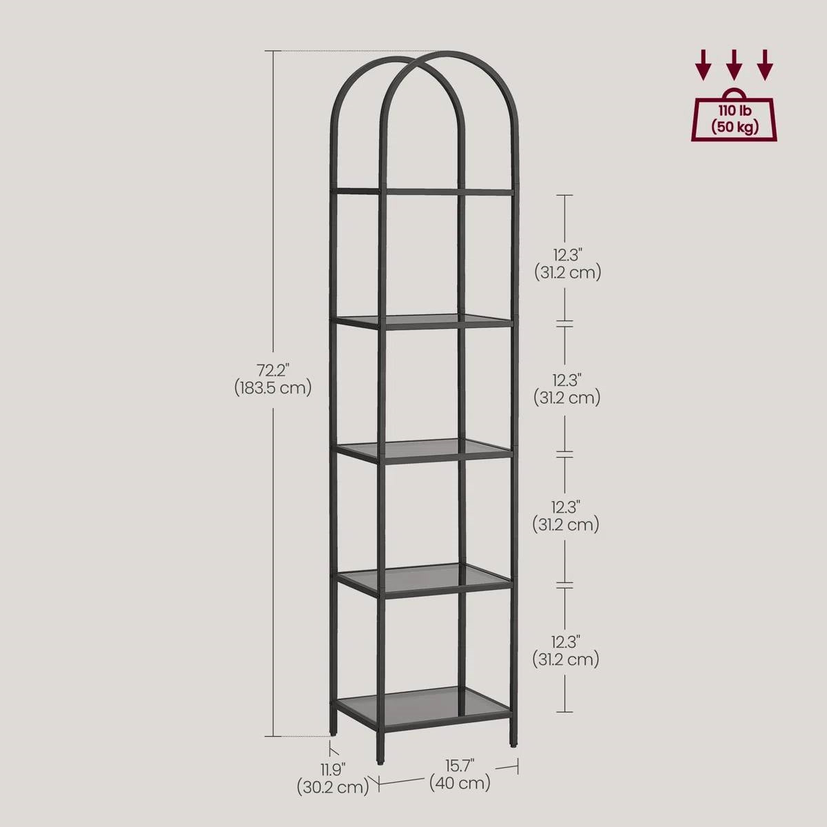 Arched Top Black Metal Display Rack Narrow Bookcase with 5 Glass Storage Shelves-4