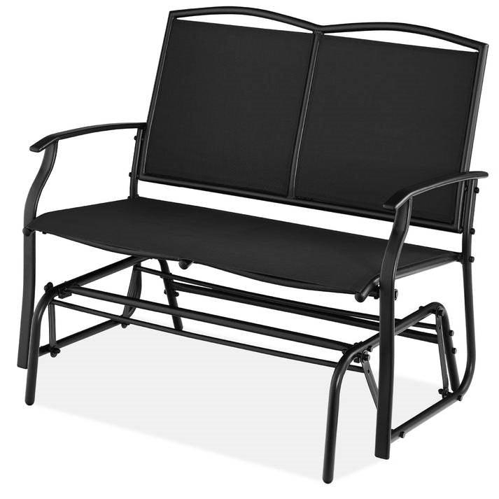 2 Seat Mesh Patio Loveseat Swing Glider Rocker with Armrests in Black - PRHOMZ