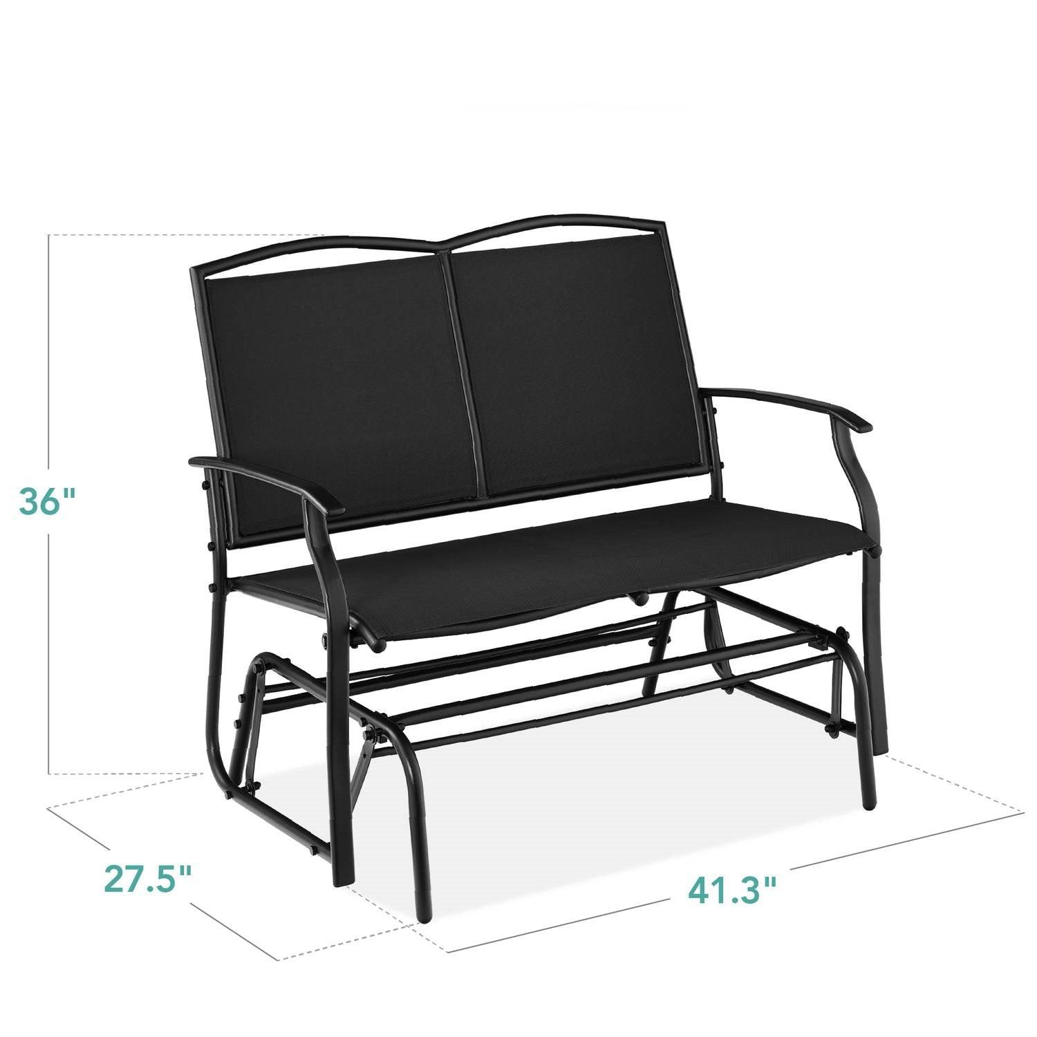 2 Seat Mesh Patio Loveseat Swing Glider Rocker with Armrests in Black - PRHOMZ