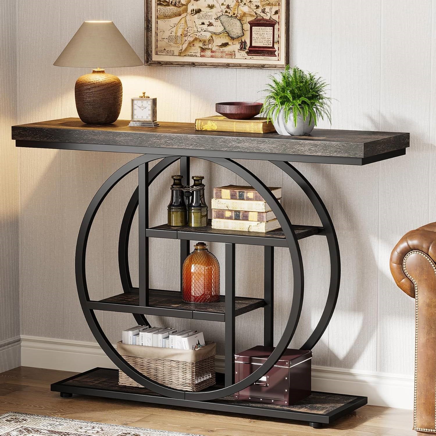 Modern 41-inch Circular Base Foyer Entryway Table with Black Wood Finish Shelves-2