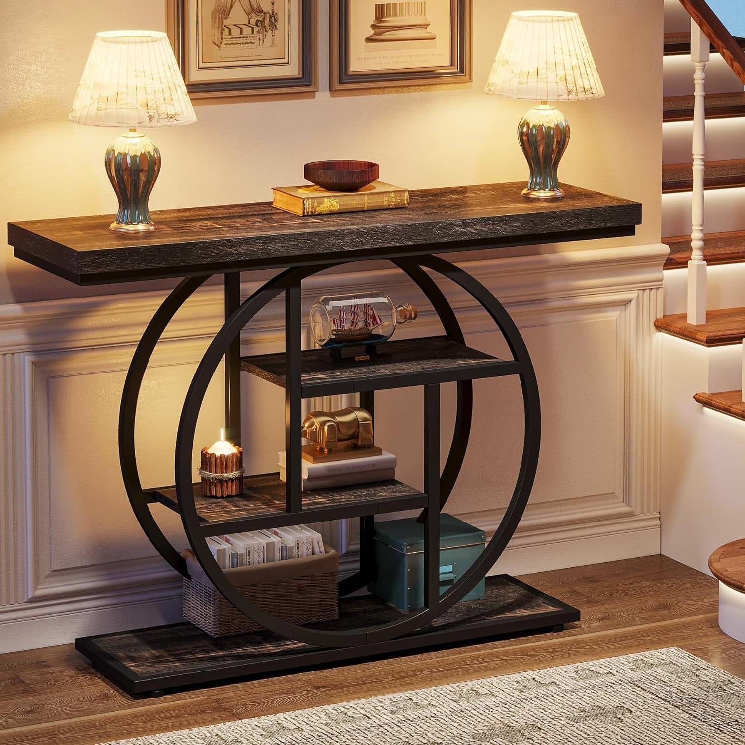 Modern 41-inch Circular Base Foyer Entryway Table with Black Wood Finish Shelves-3