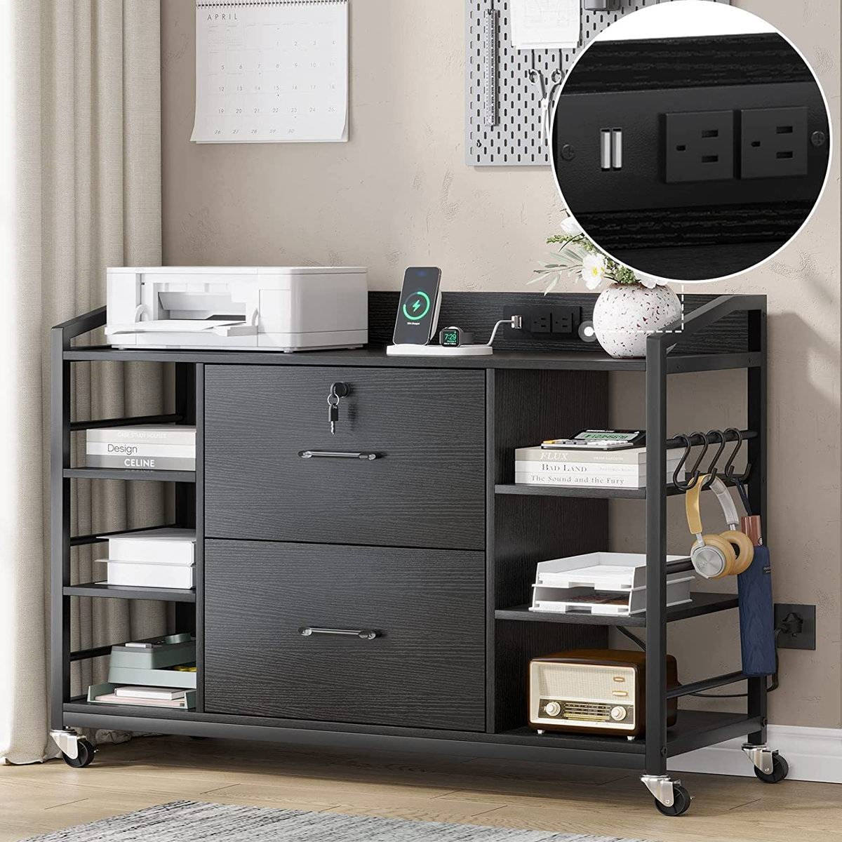 Black Printer Stand Bookcase Power Station Mobile Office File Cabinet-0