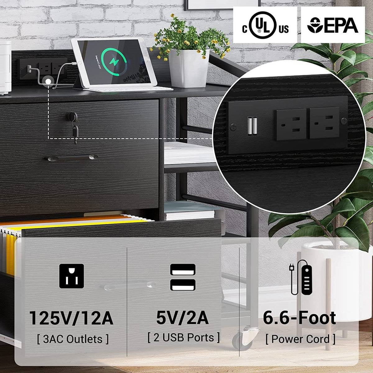 Black Printer Stand Bookcase Power Station Mobile Office File Cabinet-1