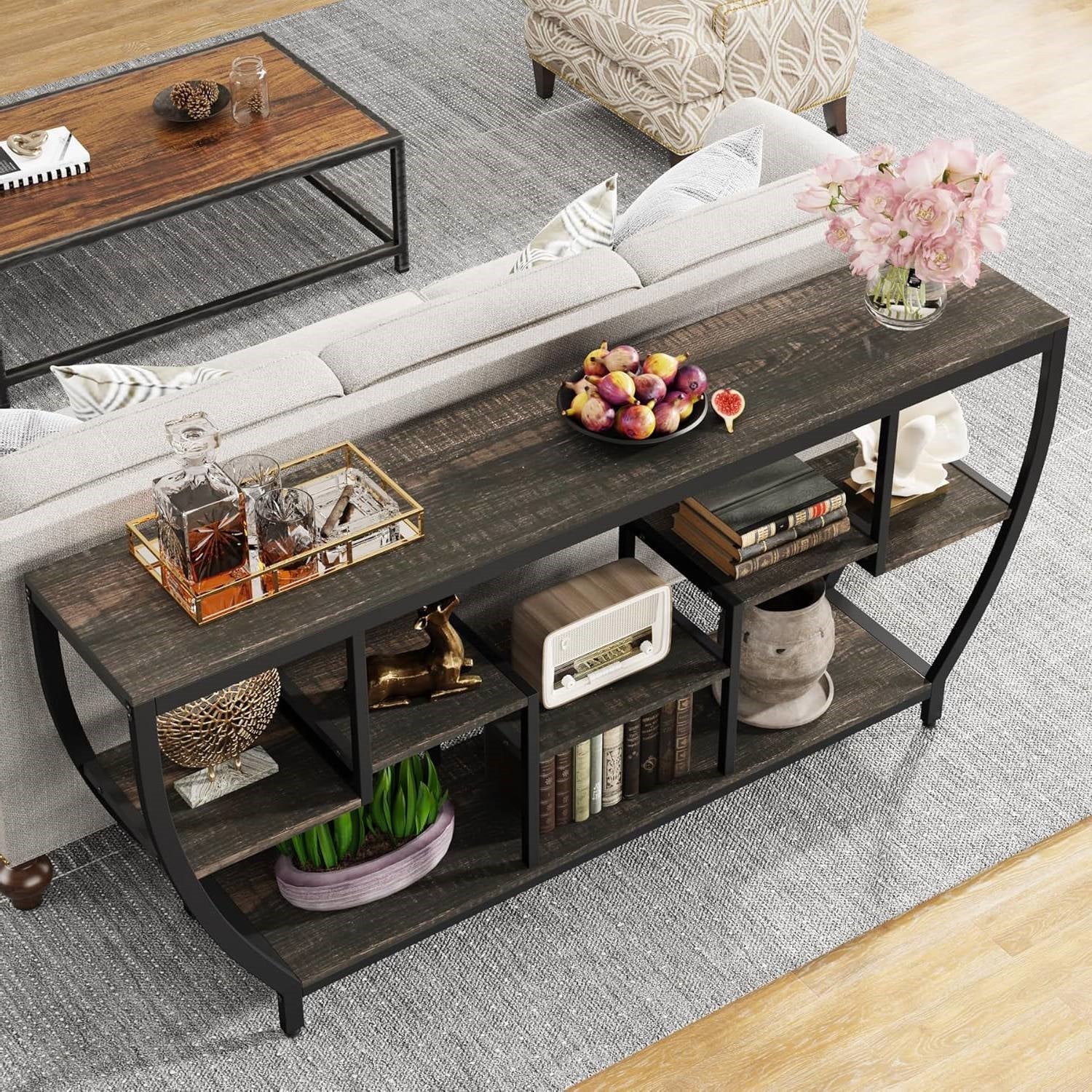 Modern Industrial 70-inch Long Narrow Console Sofa Table with Black Wood Shelves-1