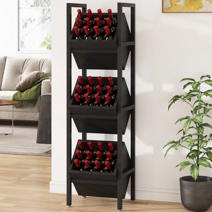 Black Industrial Farmhouse 3 Bin 36 Bottle Wine Rack Storage Display Shelf-3
