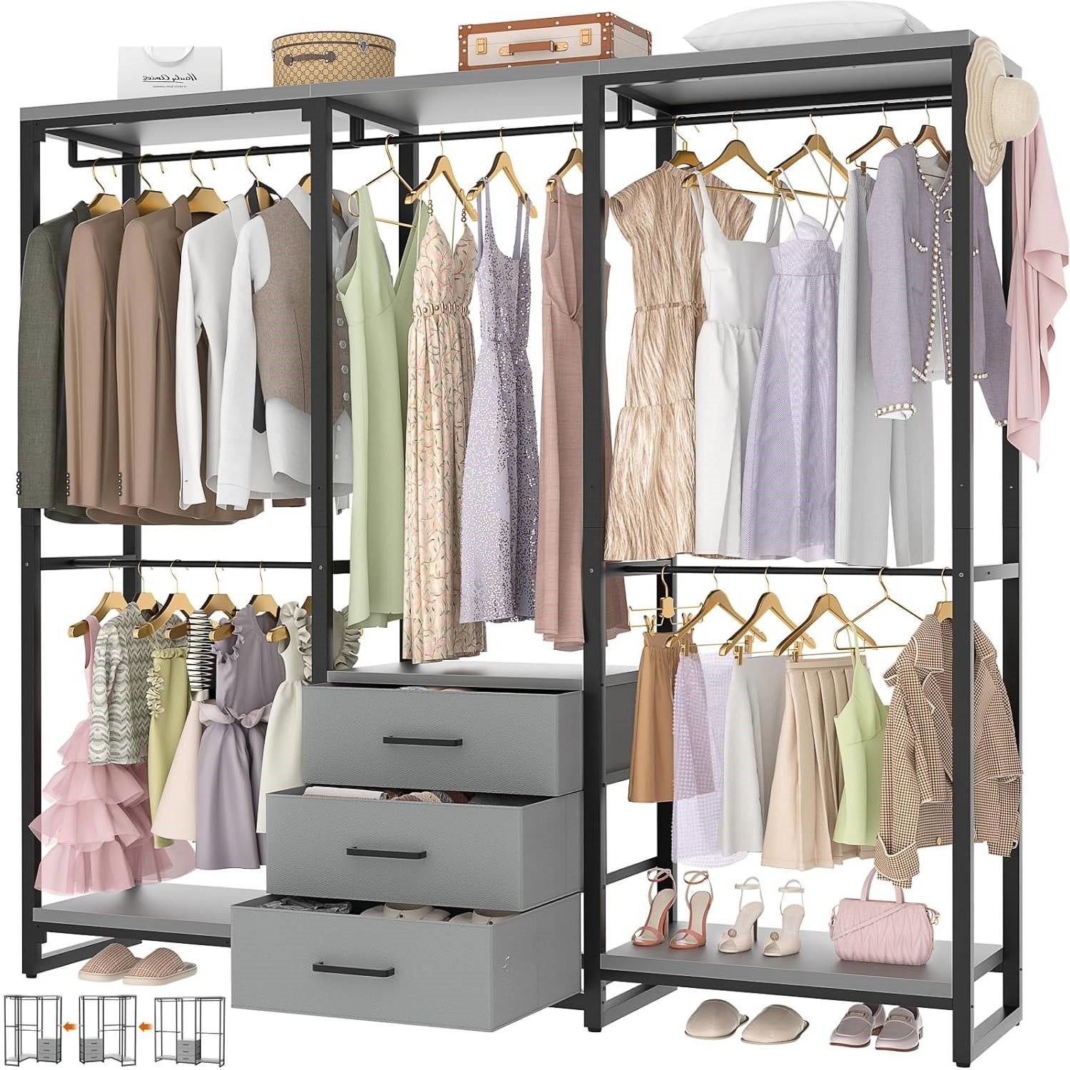 Heavy Duty Black Grey Freestanding Garment Rack Closet Wardrobe with 3 Drawers-0