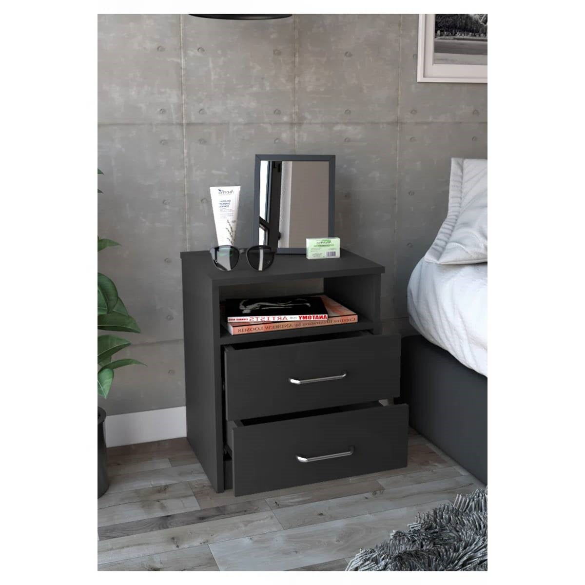 Modern 2-Drawer Nightstand End Table with Open Shelf in Black Wood Finish-2