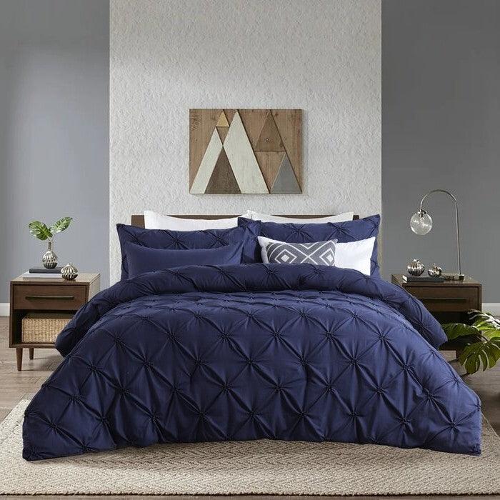 King Size All Season Pleated Hypoallergenic Microfiber Reversible 3 Piece Comforter Set in Navy - PRHOMZ