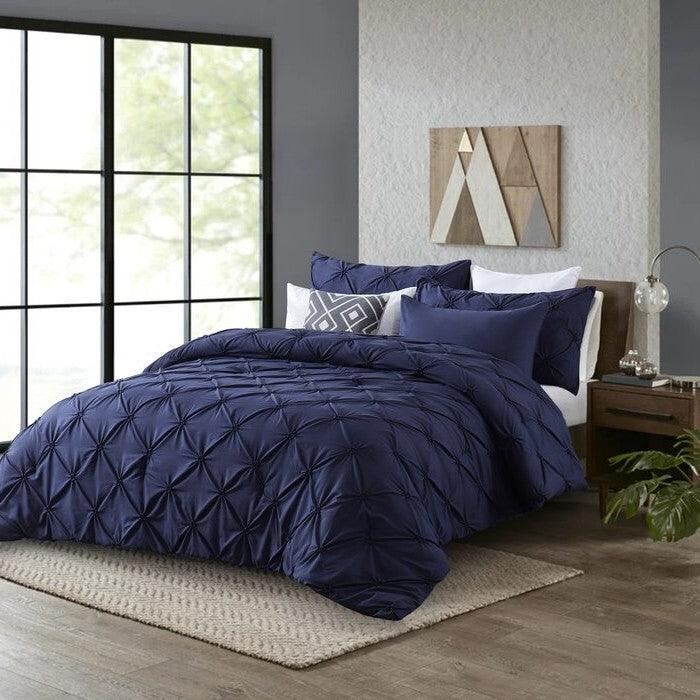 King Size All Season Pleated Hypoallergenic Microfiber Reversible 3 Piece Comforter Set in Navy - PRHOMZ