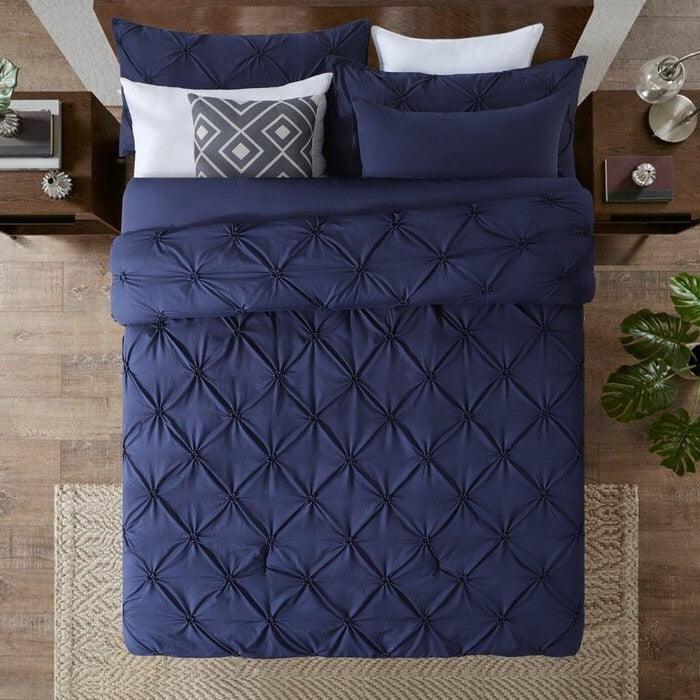 King Size All Season Pleated Hypoallergenic Microfiber Reversible 3 Piece Comforter Set in Navy - PRHOMZ