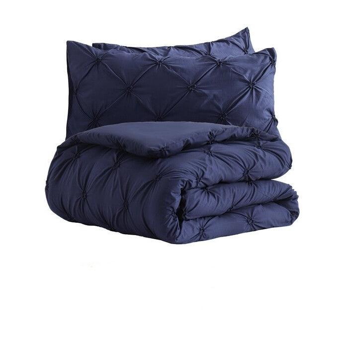 King Size All Season Pleated Hypoallergenic Microfiber Reversible 3 Piece Comforter Set in Navy - PRHOMZ
