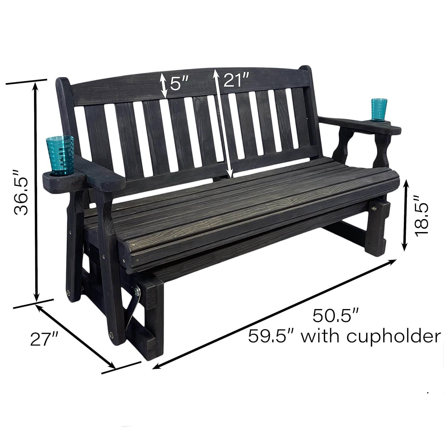 4ft Heavy Duty Black Wooden Porch Glider Bench with Cupholders - Made in USA-1