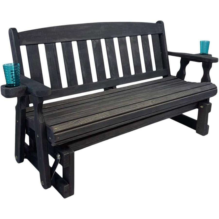 4ft Heavy Duty Black Wooden Porch Glider Bench with Cupholders - Made in USA-2