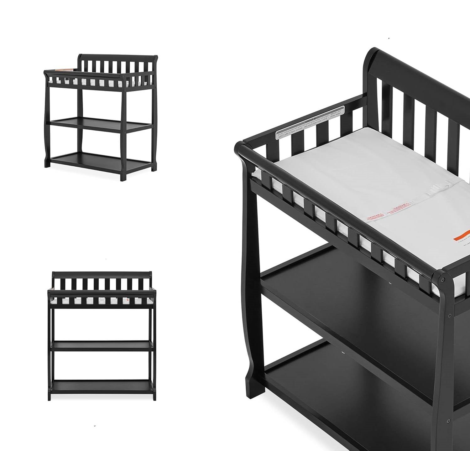 Modern Black Wooden Baby Changing Table with Safety Rail Mattress Pad and Strap-3
